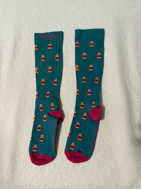 Figs Teal Compression Socks with Pink and Medicine bottles Accents